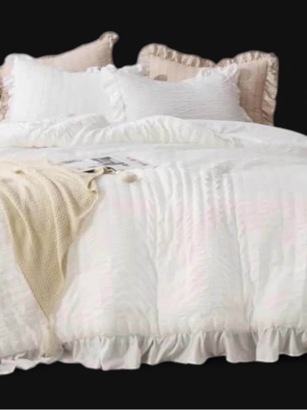Classic Ruffled White Bedding Set with Neutral Accent Pillows